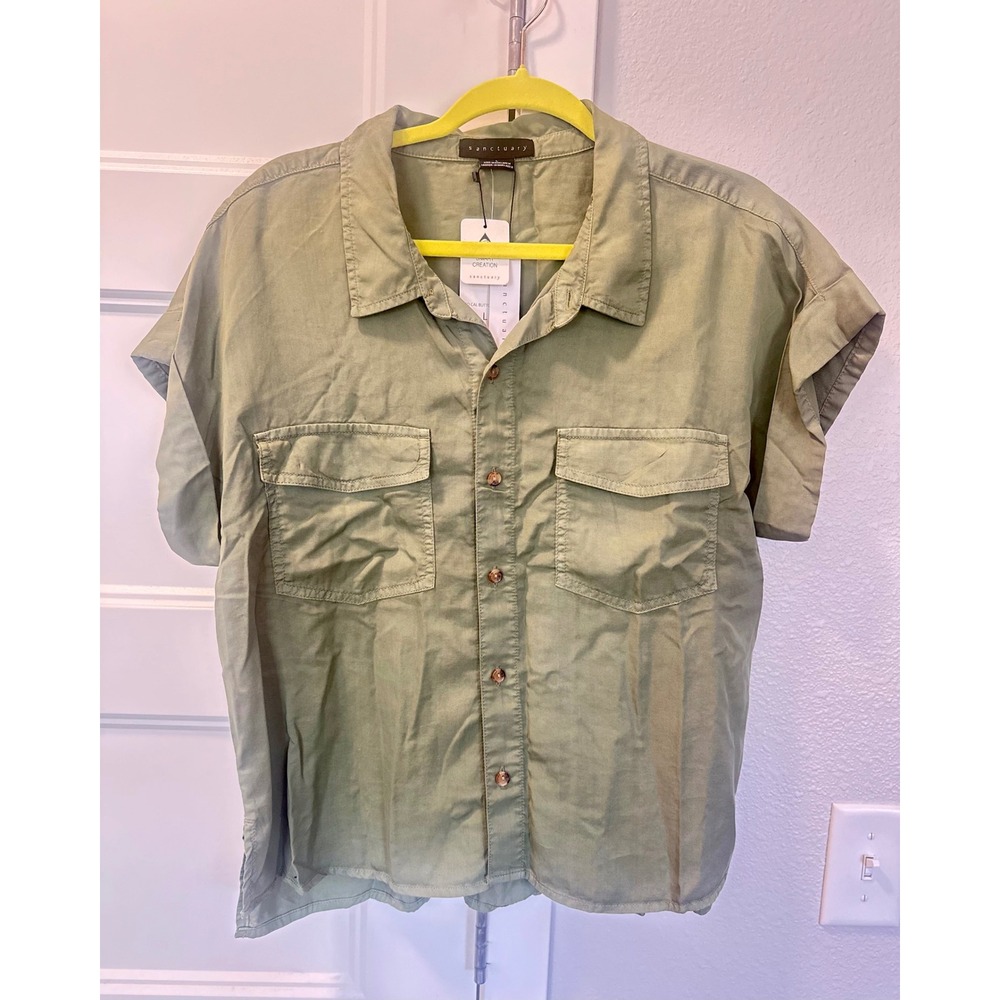 Sanctuary So Cal Button Down Shirt Olive Green Utility Short Sleeve NWT Size L - Picture 3 of 8